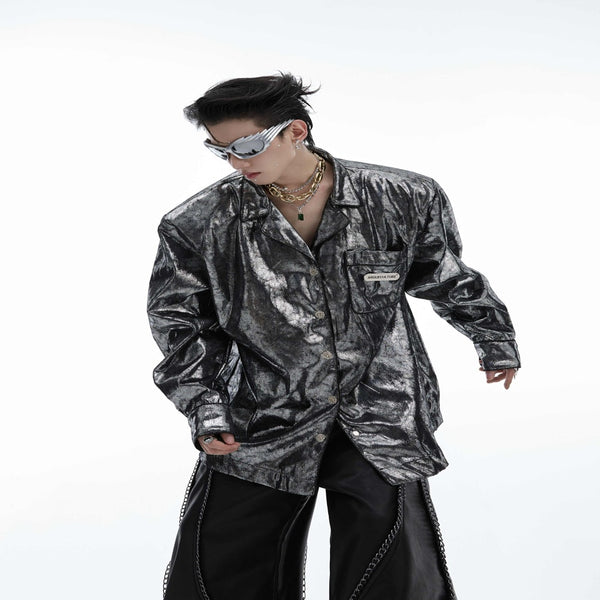 Camisa Acolchada de Hombros con Textura Plateada - Abrigo Ligero Oversize