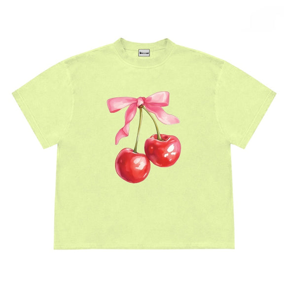 Camiseta Vintage para Mujer con Estampado de Moños de Cereza