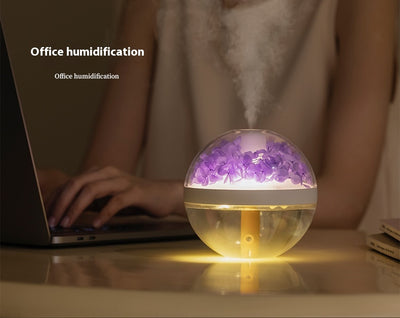 Pink round mini humidifier with clear dome, decorative pink flowers, and a light-up base, ideal for desktop or bedroom. - Image 9