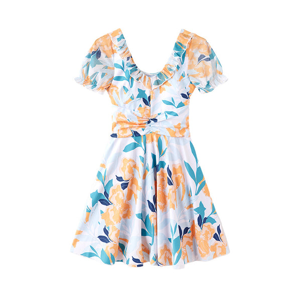 White floral high waist swimsuit dress with orange, teal, and navy flowers, ruffled scoop neck, and puff sleeves. - Image 5