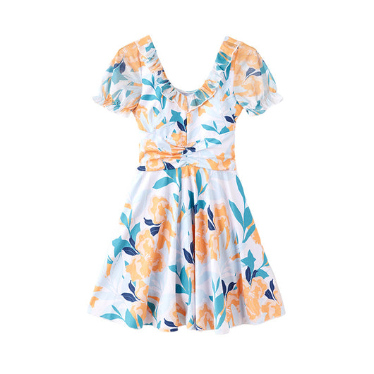White floral high waist swimsuit dress with orange, teal, and navy flowers, ruffled scoop neck, and puff sleeves. - Image 5