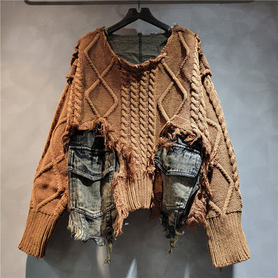 Suéter de Cuello Redondo Denim con Tejido Trenzado y Costuras de Diseño - Image 5