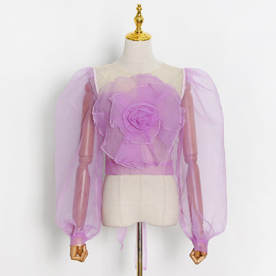 Blusa Cuello Redondo con Mangas Abullonadas y Flores en Relieve - Image 22