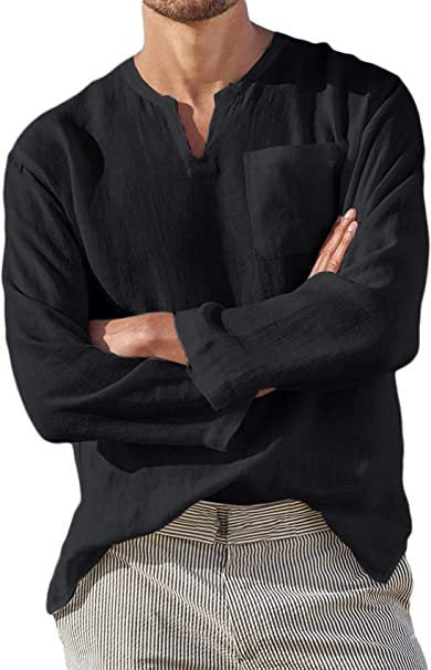 Camisa de Lino Casual para Hombre con Cuello en V y Manga Larga - Image 3