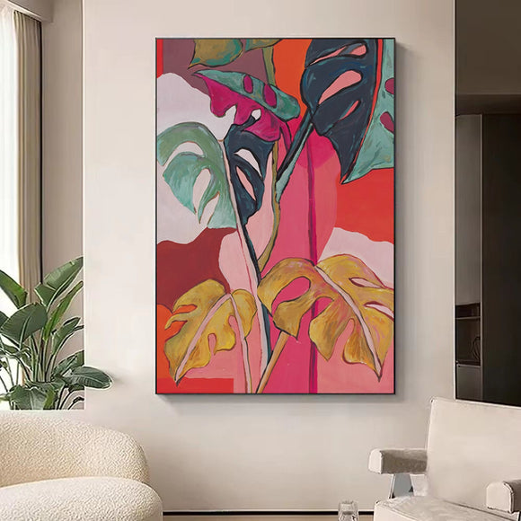 Cuadro Decorativo Pintura al Óleo Hojas de Plátano y Flores Moderno Retro