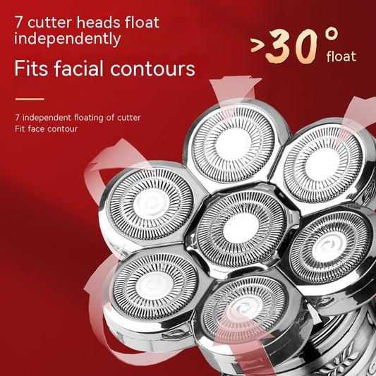 Dark grey electric shaver with a seven-head rotary design and an ornate, embossed pattern on its body. - Image 2