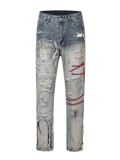 Jeans Rectos Rojo con Parches - Estilo Urbano Moderno - Image 8