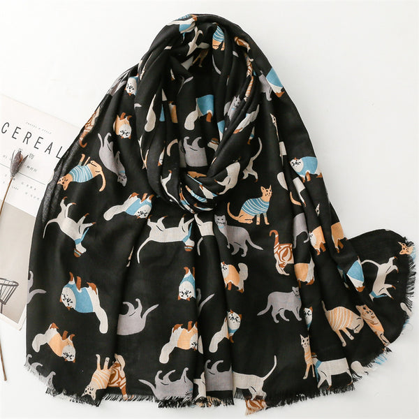 Bufanda Térmica de Algodón y Lino con Diseño de Gatos - Accesorio Fashion