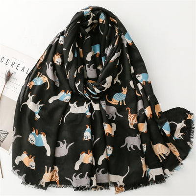 Bufanda Térmica de Algodón y Lino con Diseño de Gatos - Accesorio Fashion