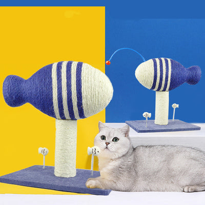Blue and white striped fish-shaped sisal cat scratching post with a purple base, next to a black and white cat.