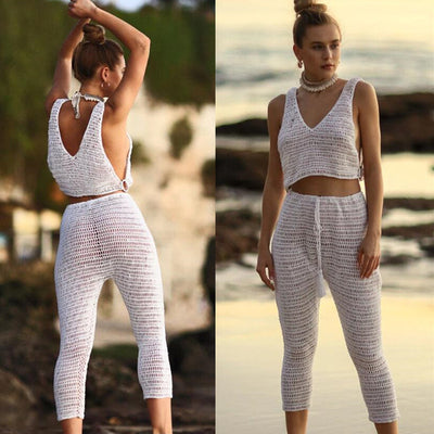 Conjunto de Bikini Tejido a Mano con Pantalón y Suéter Playero