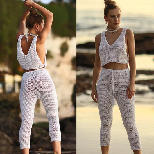Conjunto de Bikini Tejido a Mano con Pantalón y Suéter Playero