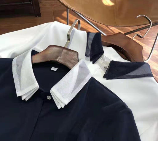 Blusa Elegante de Contraste con Encaje de Malla y Cuello Solapa - Image 2