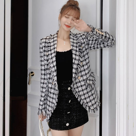 Blazer de Cuadros de Lana Abrochado Doble para Mujer - Largo Medio - Image 4