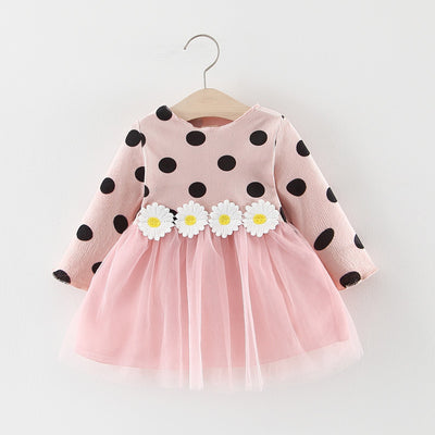 Vestido Princesa Niña Manga Larga con Lunares y Malla Floral - Image 9
