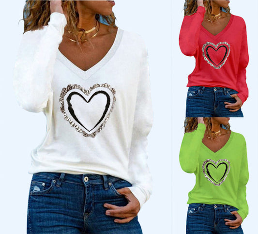 Blusa Básica Mujer con Estampado de Corazones, Cuello V y Mangas Largas