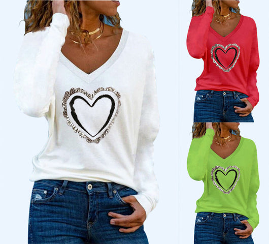 Blusa Básica Mujer con Estampado de Corazones, Cuello V y Mangas Largas