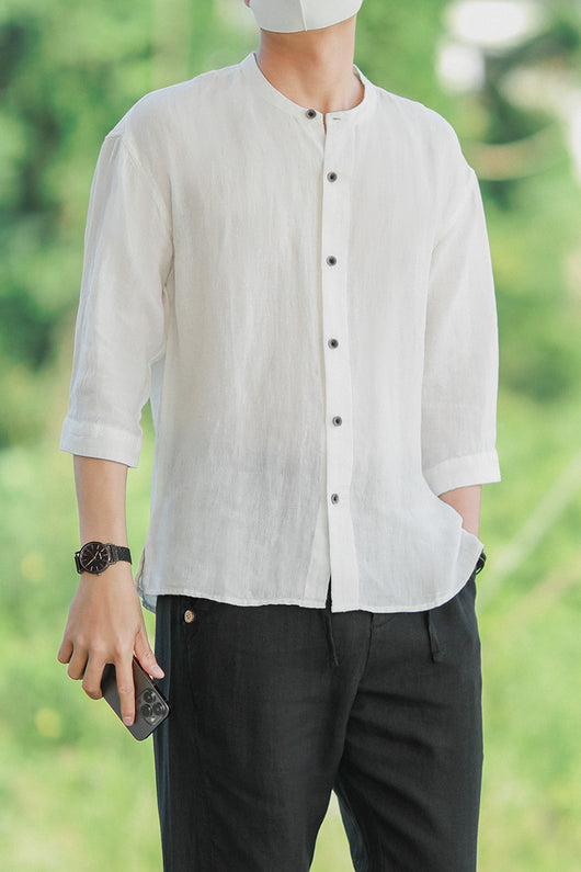 Camisa Vintage con Cuello Mao Bordada para Hombre - Image 7
