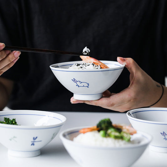 Juego de Tazones de Cerámica Japonesa Vidriada - Arroz y Sopa
