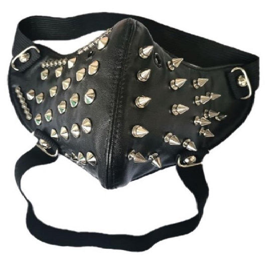 Black leather half-face mask with brass chains, spikes, and gear accents, featuring adjustable elastic straps. - Image 37