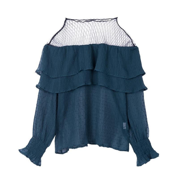 Blusa Hombro Descubierto Manga Larga Voluminosa en Gasa
