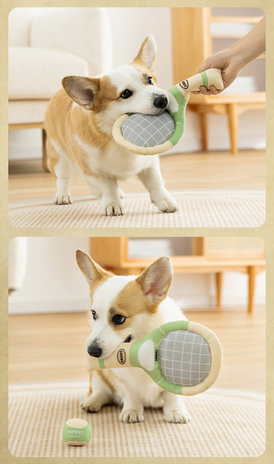 Plush dog toy set featuring a green and beige tennis racket (29cm) and a matching 6cm tennis ball. - Image 16
