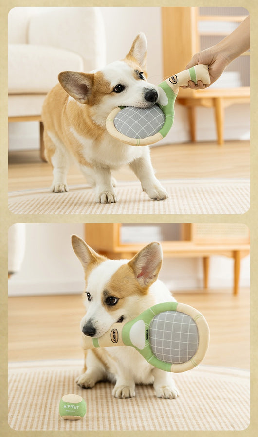 Plush dog toy set featuring a green and beige tennis racket (29cm) and a matching 6cm tennis ball. - Image 16