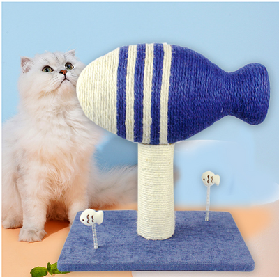 Blue and white striped fish-shaped sisal cat scratching post with a purple base, next to a black and white cat. - Image 7