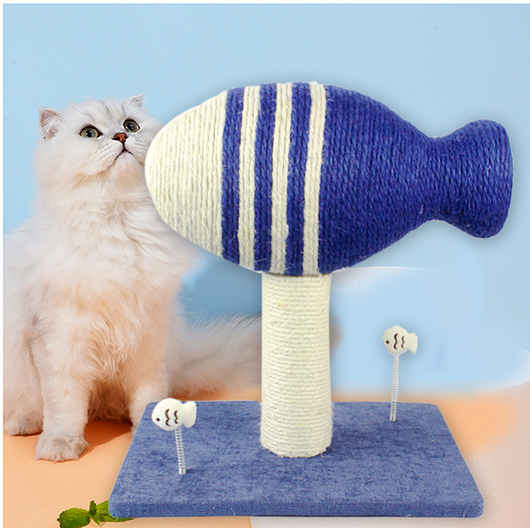 Blue and white striped fish-shaped sisal cat scratching post with a purple base, next to a black and white cat. - Image 7