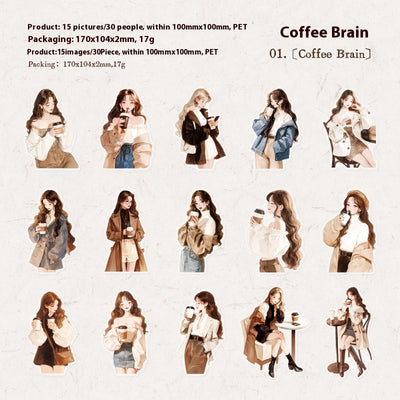 Sheet of 15 watercolor coffee shop stickers, featuring various cafe exteriors and interiors in a Nordic style. - Image 6