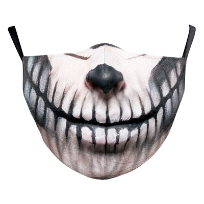 Digital printing dust mask with a funny ghost face and clown design, featuring a sugar skull pattern in red, yellow, and brown. - Image 10