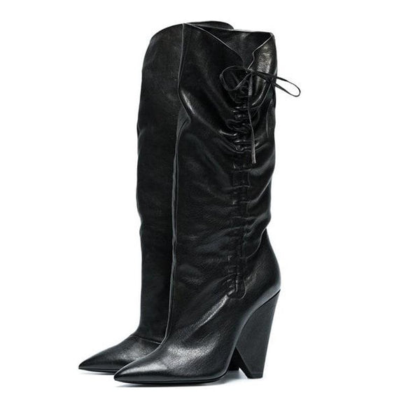 Botas Martin Altas con Tacón Cónico y Cordones Plisados para Mujer