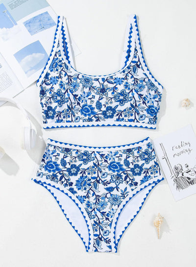 Green and white floral paisley high-waisted bikini swimsuit with scalloped edges on a model. - Image 21