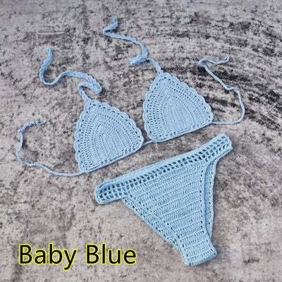 White 3-piece handmade crochet bikini set with triangle top, high-cut bottoms, and fringed mesh beach skirt. - Image 22