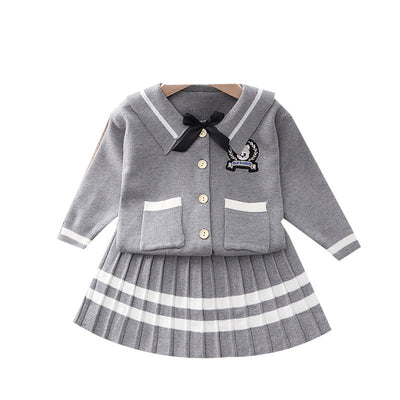 Conjunto de Dos Piezas: Cardigan Bordado de Manga Larga y Falda Plisada - Image 5