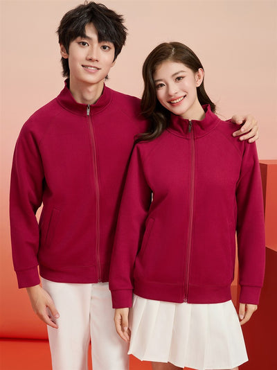 Purple full-zip jacket with a stand-up collar, raglan sleeves, and front pockets, displayed on a hanger. - Image 41