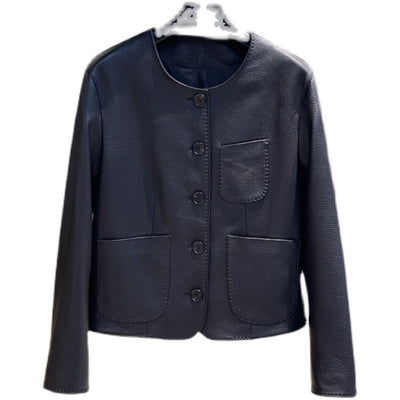 Chaqueta Corta de Cuero Genuino para Mujer - Cuello Redondo en Piel de Borrego - Image 9