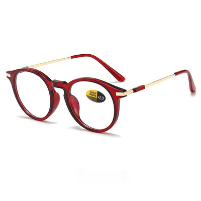 Dark purple round-frame anti-blue light reading glasses with silver-colored temples on a white background. - Image 6