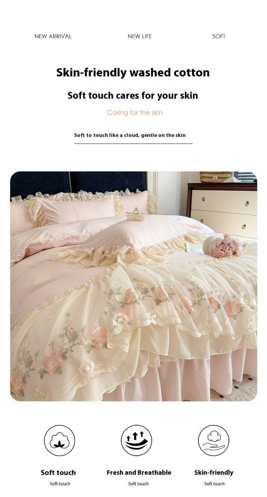 Juego de Cama Cuatro Piezas con Encaje Bordado en Algodón Chiffon - Image 25