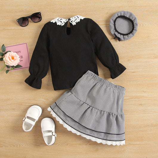 Conjunto Infantil 3 Piezas: Blusa de Encaje, Falda Cuadrillé y Gorro - Image 9