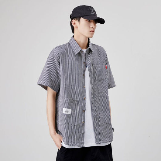 Camisa Suelta a Rayas con Múltiples Bolsillos para Hombre - Image 4