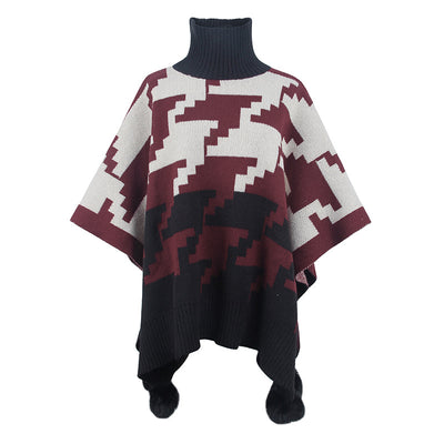 Poncho Capa Cálido Cuello Alto Bicolor con Pompones de Piel - Image 4