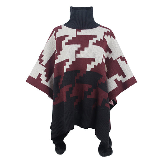 Poncho Capa Cálido Cuello Alto Bicolor con Pompones de Piel - Image 4