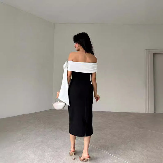 Vestido de Cóctel Elegante con Hombros Descubiertos y Moño en Blanco y Negro - Image 4