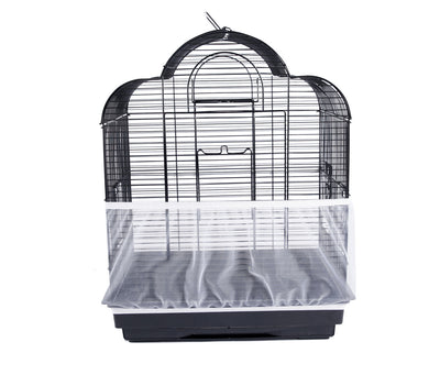 White mesh bird cage cover on a black wire bird cage with a black base, designed to catch seeds and dust. - Image 7