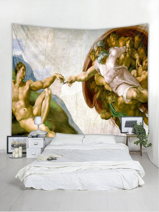 Large tapestry featuring Michelangelo's 'The Creation of Adam' artwork, hanging above a white bed in a bedroom. - Image 3