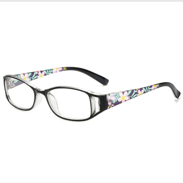 Women's lightweight fashion reading glasses with a red frame and colorful floral print temples. - Image 5