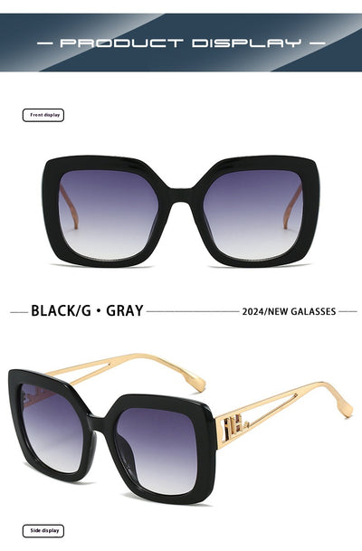 Women's square fashion sunglasses with red and green gradient tortoise shell frames and gradient purple-to-yellow lenses. - Image 19