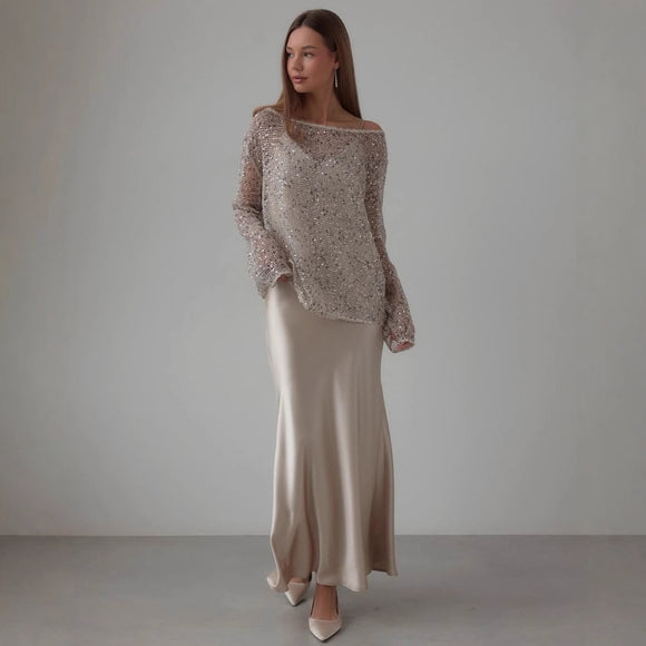 Blusa Suéter Holgada con Lentejuelas y Detalles Calados