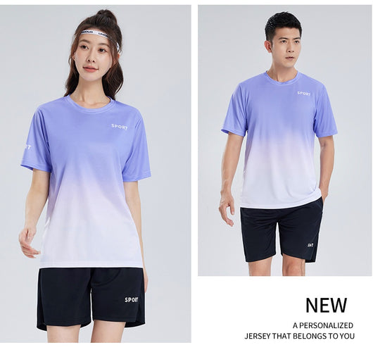 Purple and white gradient short-sleeve t-shirt with 'SPORT' text and black athletic shorts for women. - Image 13